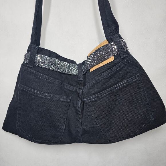 Eddie Bauer Recycled Black Denim Jeans Crossbody Hobo Bohemian Handbag - Picture 8 of 14